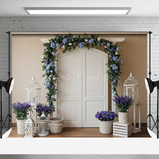 Lofaris Spring Wedding Doorway Backdrop White Double Doors with Blue and Purple Floral Arch Garden Party Photo Prop Decor