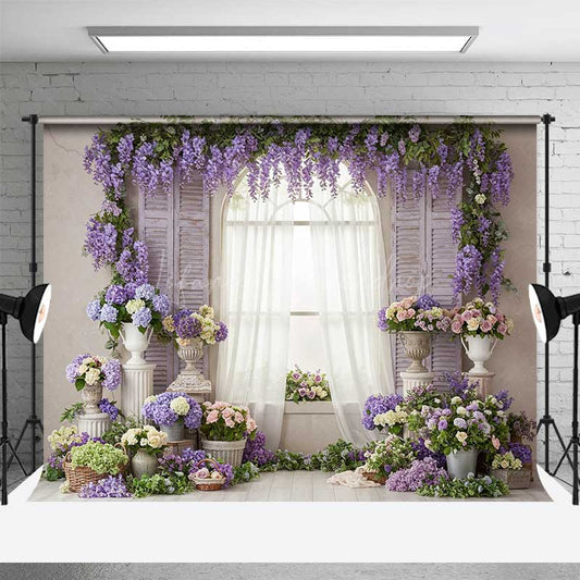 Lofaris Spring Window Photography Backdrop Purple Wisteria and Romantic Floral Decor Garden Wedding or Bridal Shower Prop