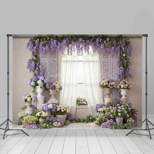 Lofaris Spring Window Photography Backdrop Purple Wisteria and Romantic Floral Decor Garden Wedding or Bridal Shower Prop