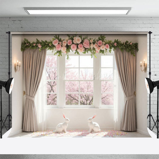 Lofaris Spring Window Scene Greenery Rose Easter Backdrop