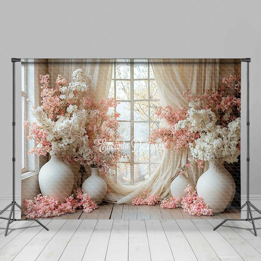 Lofaris Spring Window Scene Photography Backdrop Pink and White Cherry Blossoms Romantic Indoor Garden Studio Photo Prop