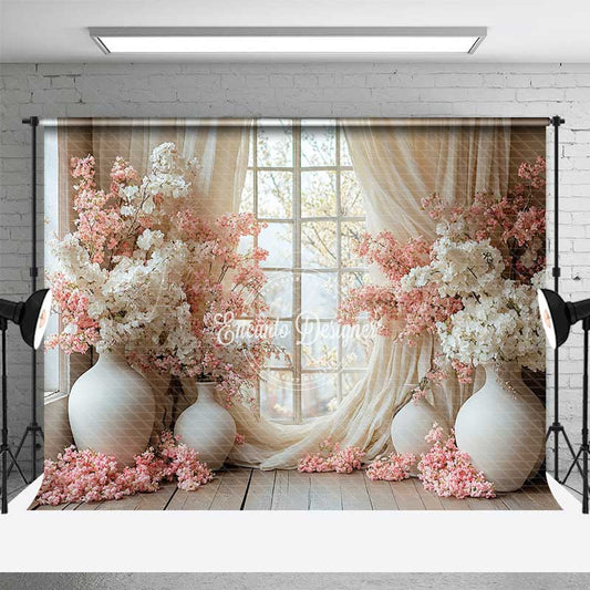 Lofaris Spring Window Scene Photography Backdrop Pink and White Cherry Blossoms Romantic Indoor Garden Studio Photo Prop