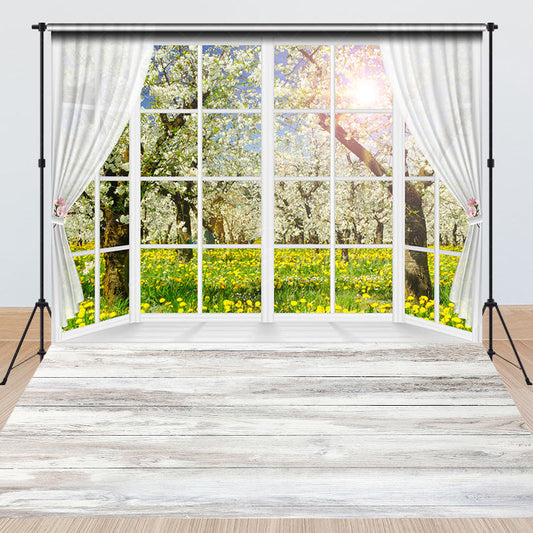 Lofaris Spring Window Scene Wood Floor Combo Set Backdrop