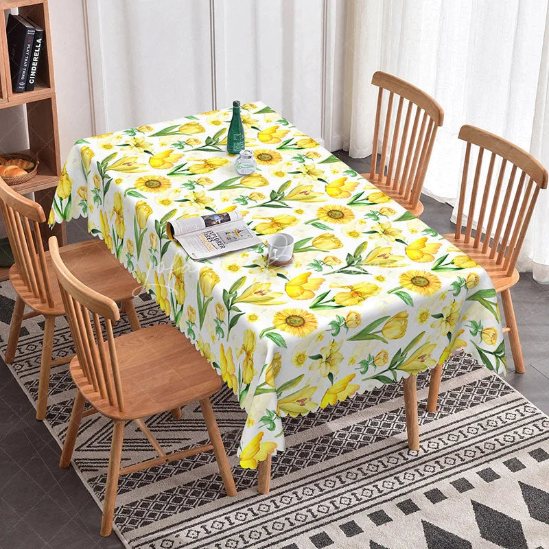 Lofaris Spring Yellow Floral Rectangle Tablecloth Sunflower Tulip and Daisy Print Cheerful Summer Garden Party Decor