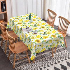 Lofaris Spring Yellow Floral Rectangle Tablecloth Sunflower Tulip and Daisy Print Cheerful Summer Garden Party Decor