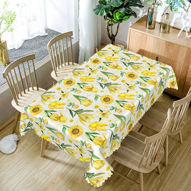 Lofaris Spring Yellow Floral Rectangle Tablecloth Sunflower Tulip and Daisy Print Cheerful Summer Garden Party Decor