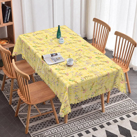 Lofaris Spring Yellow Plaid Rectangle Tablecloth Lavender Wildflower Pattern for Easter Kitchen Dining Room Decoration