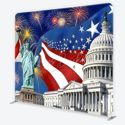 Lofaris Square Double-Sided Backdrop Patriotic American Flag with Liberty Statue and Capitol for National Celebrations