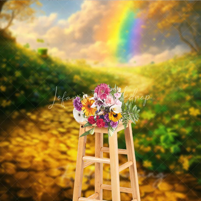 Lofaris St Patricks Day Backdrop Gold Coins Path Rainbow and Green Shamrocks Photography Background Irish Holiday Props