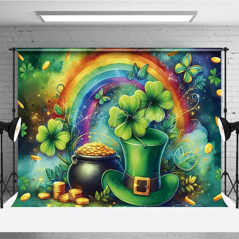 Lofaris St Patricks Day Backdrop Green Top Hat and Pot of Gold with Rainbow Background Lucky Shamrock Irish Party Decorations