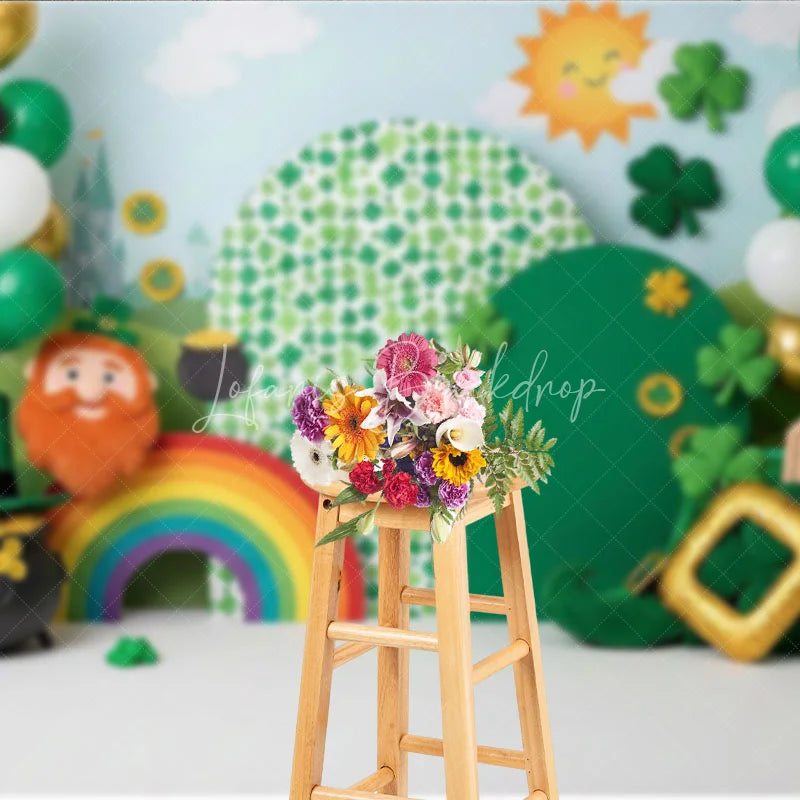 Lofaris St Patricks Day Backdrop Lucky Leprechaun and Rainbow with Pot of Gold Green Holiday Background