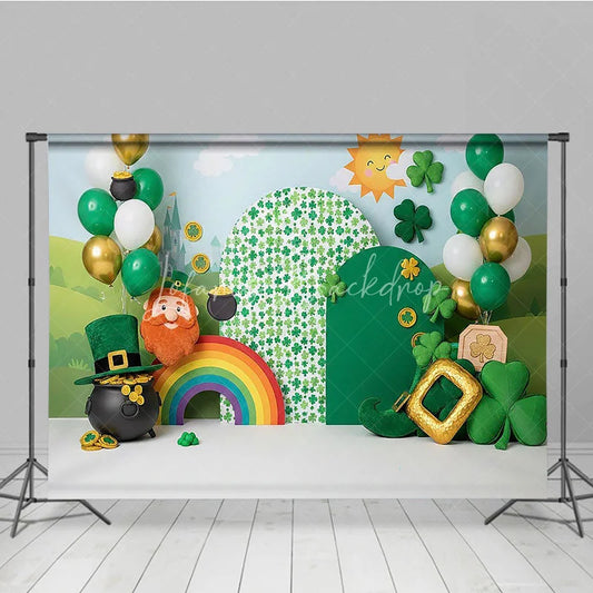 Lofaris St Patricks Day Backdrop Lucky Leprechaun and Rainbow with Pot of Gold Green Holiday Background