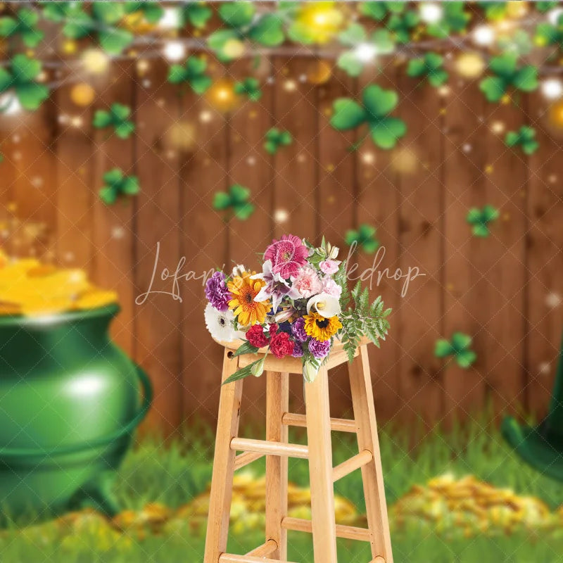 Lofaris St Patricks Day Backdrop Pot of Gold and Rainbow Clover Wood Background Luck the Irish Shamrock Party Decorations