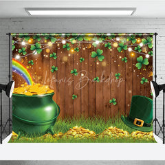 Lofaris St Patricks Day Backdrop Pot of Gold and Rainbow Clover Wood Background Luck the Irish Shamrock Party Decorations