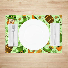 Lofaris St. Patricks Day Cartoon Icons Set of 4 Placemats Leprechaun and Pot Gold Green Dining Table Mats
