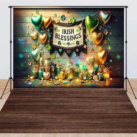 Lofaris St. Patrick’s Day Combo Set Backdrop Irish Blessings Green Clover Gold Balloon Background Lucky Party Decoration
