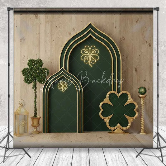 Lofaris St Patricks Day Green Backdrop Lucky Shamrock Arch Background Gold Neon Light Wooden Wall Irish Photography Prop