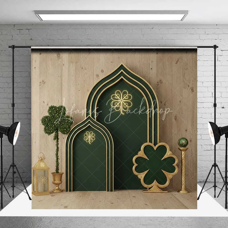 Lofaris St Patricks Day Green Backdrop Lucky Shamrock Arch Background Gold Neon Light Wooden Wall Irish Photography Prop