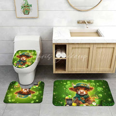 Lofaris St. Patrick’s Day Highland Cow Shower Curtain Set 4 Piece Lucky Shamrock and Gold Coins Bathroom Decor