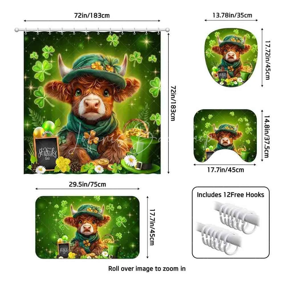 Lofaris St. Patrick’s Day Highland Cow Shower Curtain Set 4 Piece Lucky Shamrock and Gold Coins Bathroom Decor