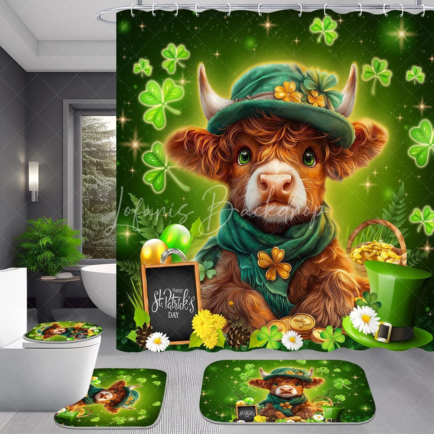 Lofaris St. Patrick’s Day Highland Cow Shower Curtain Set 4 Piece Lucky Shamrock and Gold Coins Bathroom Decor