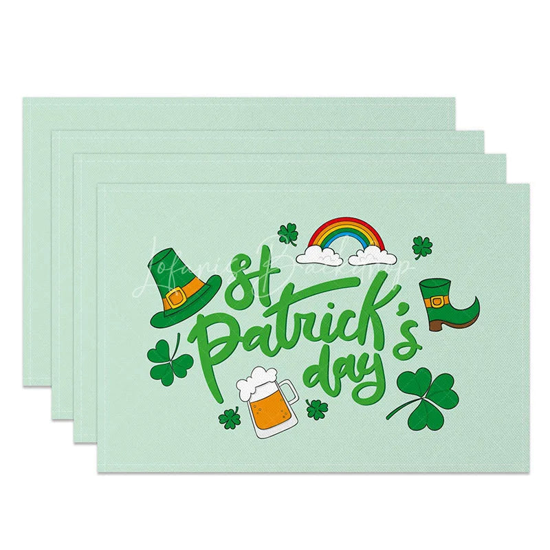 Lofaris St. Patricks Day Icons Set of 4 Placemats Rainbow and Leprechaun Hat Mint Green Dining Table Mats