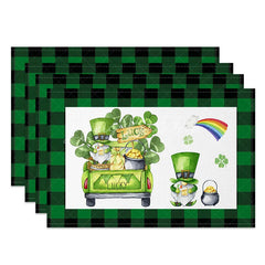 Lofaris St. Patricks Day Lucky Gnomes Set of 4 Placemats Watercolor Leprechaun and Rainbow Plaid Table Mats