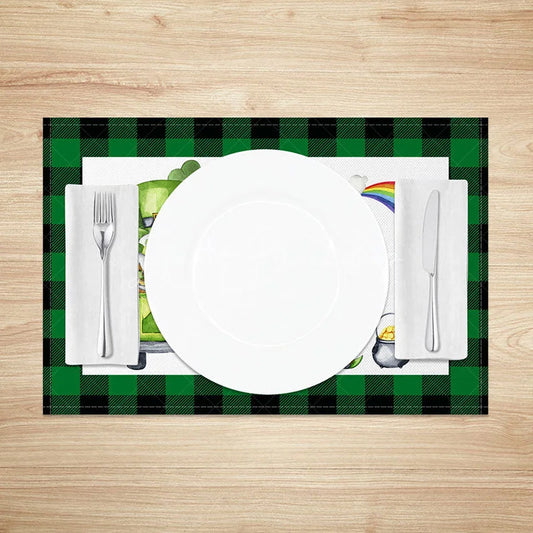 Lofaris St. Patricks Day Lucky Gnomes Set of 4 Placemats Watercolor Leprechaun and Rainbow Plaid Table Mats