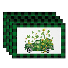Lofaris St. Patricks Day Lucky Green Truck Set of 4 Placemats Shamrock and Gold Coins Buffalo Plaid Table Mats