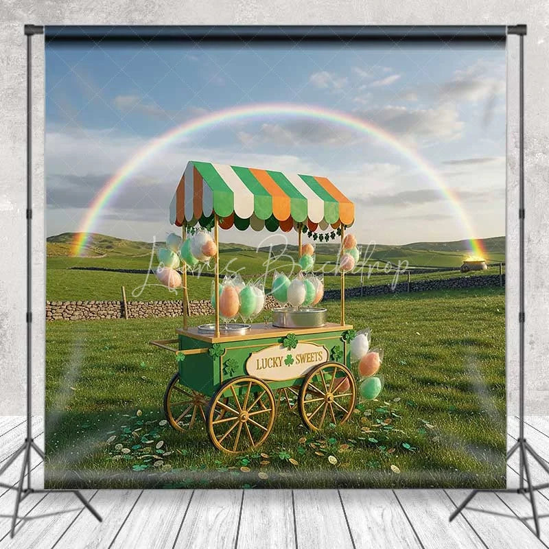 Lofaris St Patrick’s Day Lucky Sweets Backdrop Rainbow Cotton Candy Cart Photography Background Green Field Photo Prop