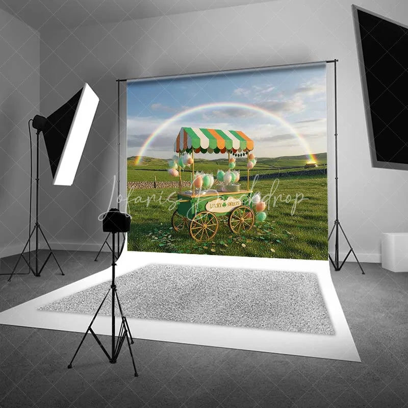 Lofaris St Patrick’s Day Lucky Sweets Backdrop Rainbow Cotton Candy Cart Photography Background Green Field Photo Prop