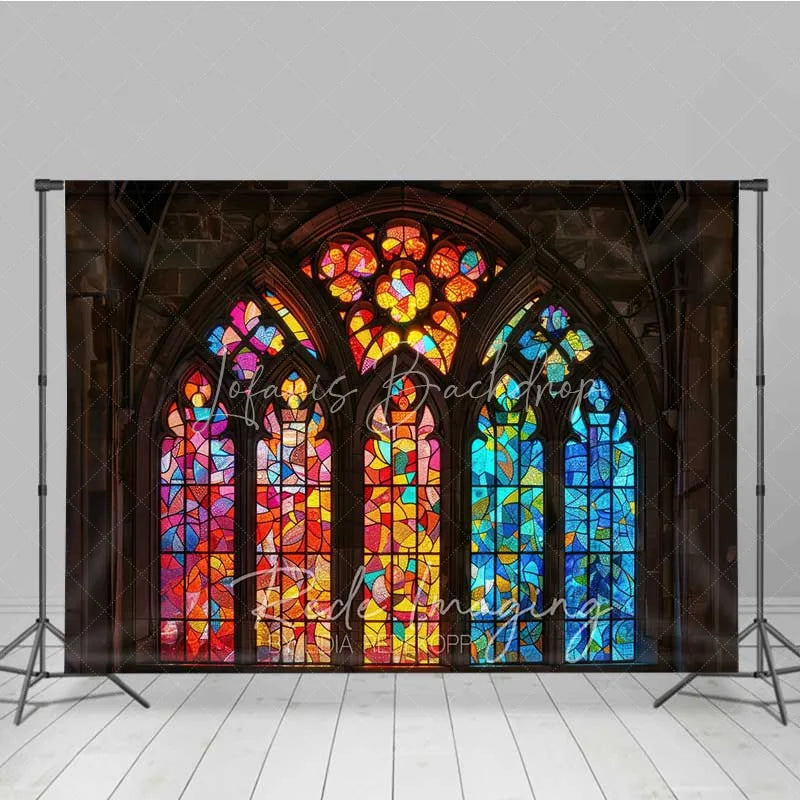 Lofaris Stained Glass Window Combo Set Backdrop Colorful Church Arch Dark Wood Floor Background Religious Photography Prop