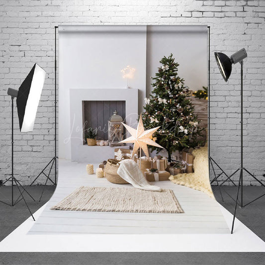 Lofaris Star Light Pine Tree White Wall Christmas Backdrop