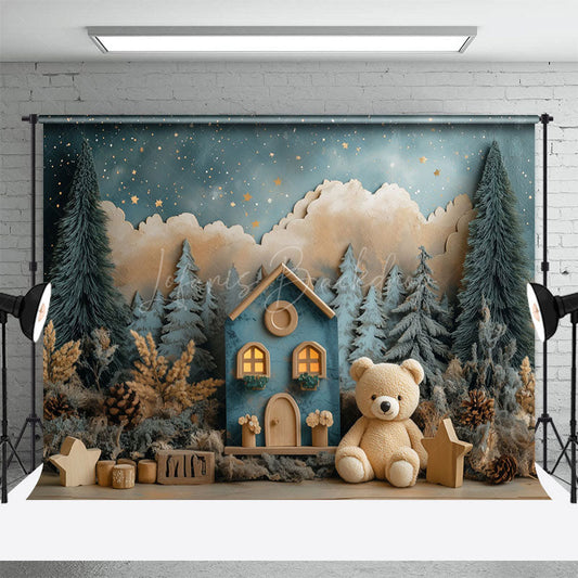 Lofaris Starry Night Forest Teddy Bear Cake Smash Backdrop