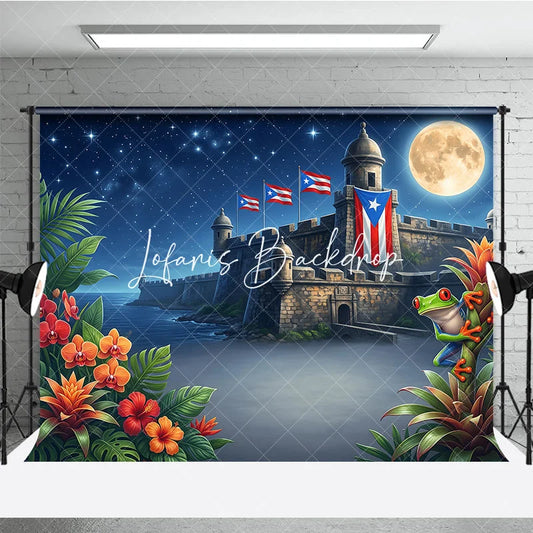 Lofaris Starry Night Full Moon Tropical Fortress Holiday Backdrop with Red Eyed Frog and Island Flags Exotic Celebration Decor.