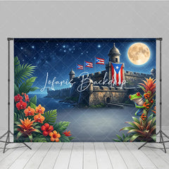 Lofaris Starry Night Full Moon Tropical Fortress Holiday Backdrop with Red Eyed Frog and Island Flags Exotic Celebration Decor.