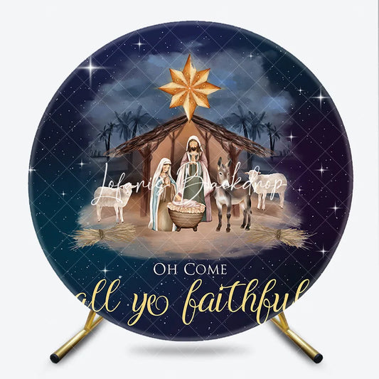 Lofaris Starry Night Nativity Scene with Holy Family and Animals Round Backdrop Oh Come All Ye Faithful Christmas Decor
