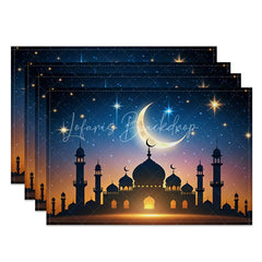 Lofaris Starry Night Ramadan Mosque Set of 4 Placemats Glowing Moon and Stars Eid Mubarak Dining Table Mats for Home
