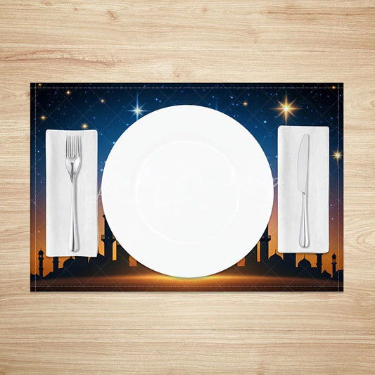Lofaris Starry Night Ramadan Mosque Set of 4 Placemats Glowing Moon and Stars Eid Mubarak Dining Table Mats for Home