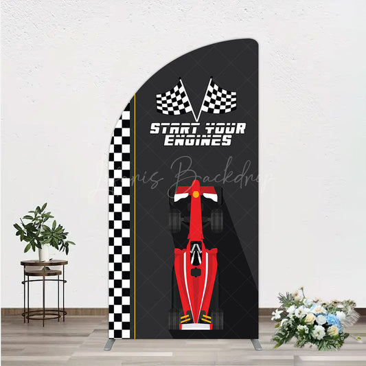 Lofaris Start Your Engines Race Car Half Moon Arch Backdrop for Baby Shower Red and Checkered Flag Boy Party Photo Booth
