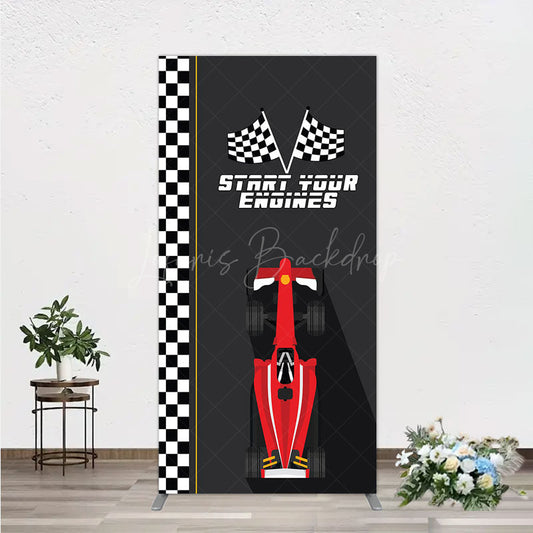 Lofaris Start Your Engines Race Car Rectangle Backdrop for Baby Shower Red and Checkered Flag Boy Party Photo Booth