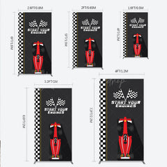 Lofaris Start Your Engines Race Car Rectangle Backdrop for Baby Shower Red and Checkered Flag Boy Party Photo Booth