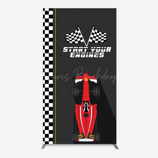 Lofaris Start Your Engines Race Car Rectangle Backdrop for Baby Shower Red and Checkered Flag Boy Party Photo Booth
