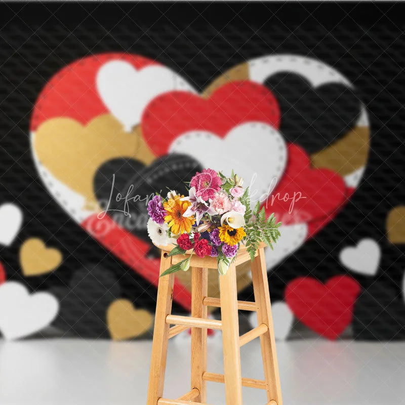 Lofaris Stitched Hearts Valentine Day Backdrop Red Black Gold Patchwork Love Background Abstract Art Photography Prop