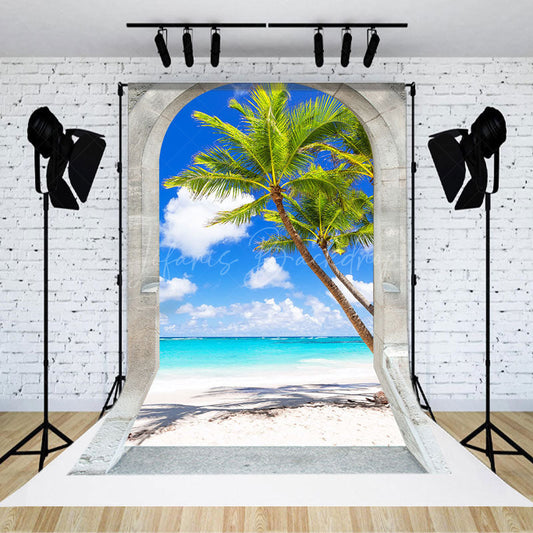 Lofaris Stone Arch Summer Beach Palm Trees Photo Backdrop