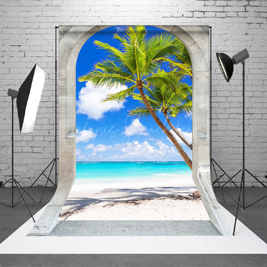 Lofaris Stone Arch Summer Beach Palm Trees Photo Backdrop