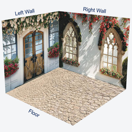 Lofaris Stone Floor White House Floral Room Set Backdrop