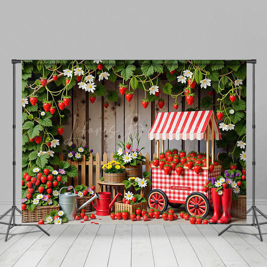 Lofaris Strawberry Orchard Cart Fence Photography Backdrop