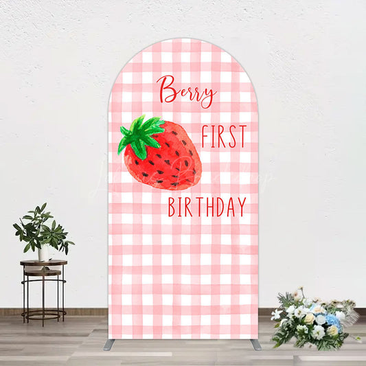 Lofaris Strawberry Pink Plaid 1st Birthday Arch Backdrop