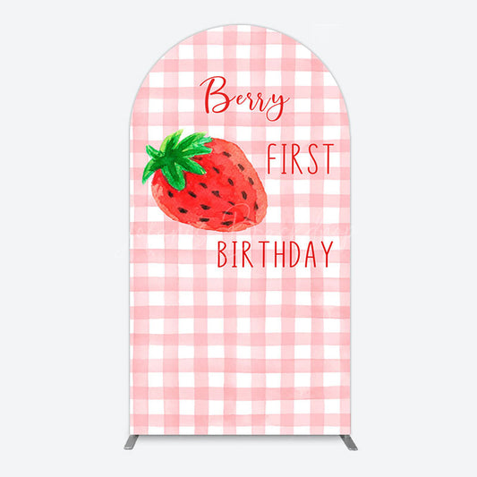 Lofaris Strawberry Pink Plaid 1st Birthday Arch Backdrop